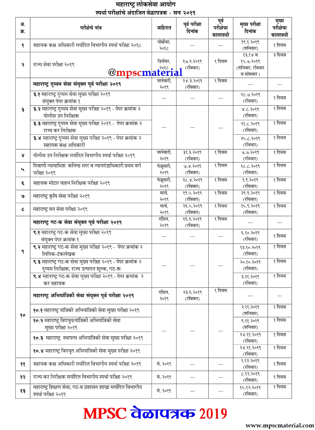 MPSC 2019 Calender